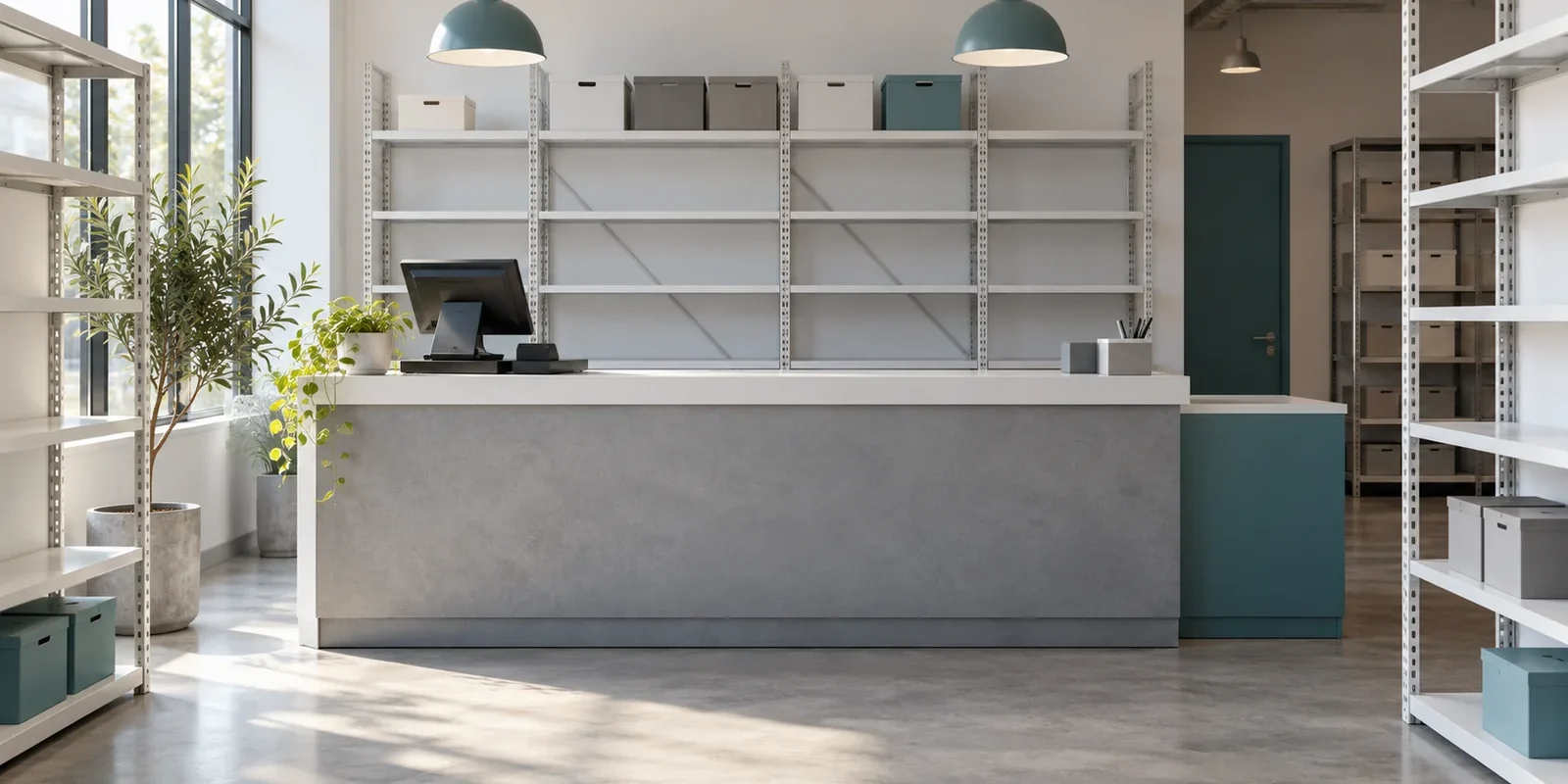 Interno di un negozio generico con banco e scaffali ordinati