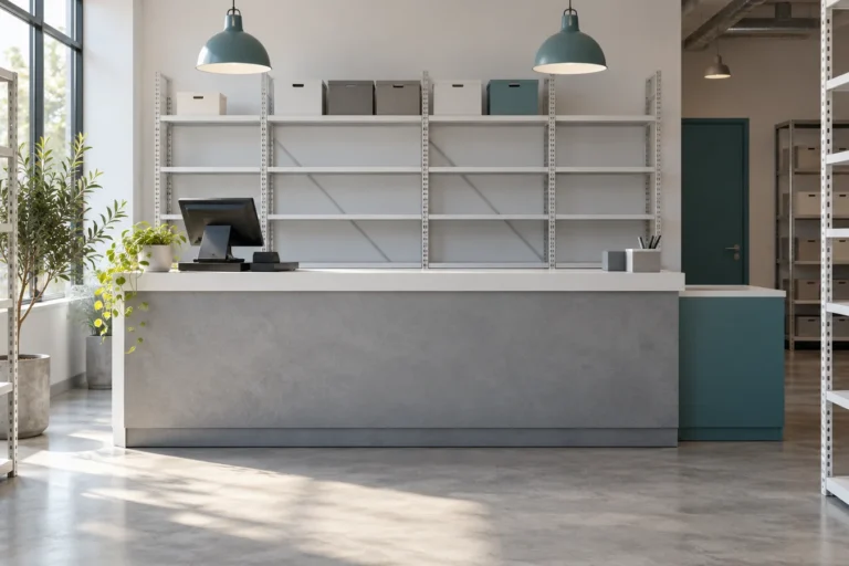 Interno di un negozio generico con banco e scaffali ordinati