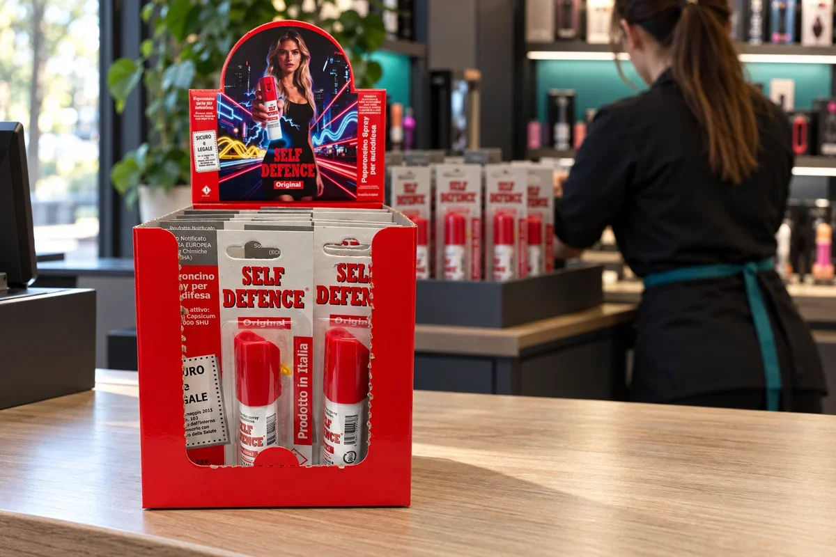 Confezioni illustrative di spray distribuite tra banco vendita e area di riserva